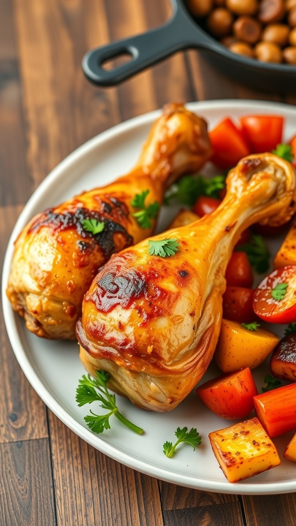 Baked chicken drumsticks on a plate with parsley and roasted vegetables.